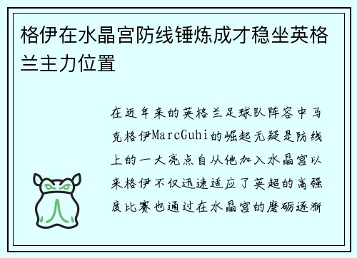 格伊在水晶宫防线锤炼成才稳坐英格兰主力位置